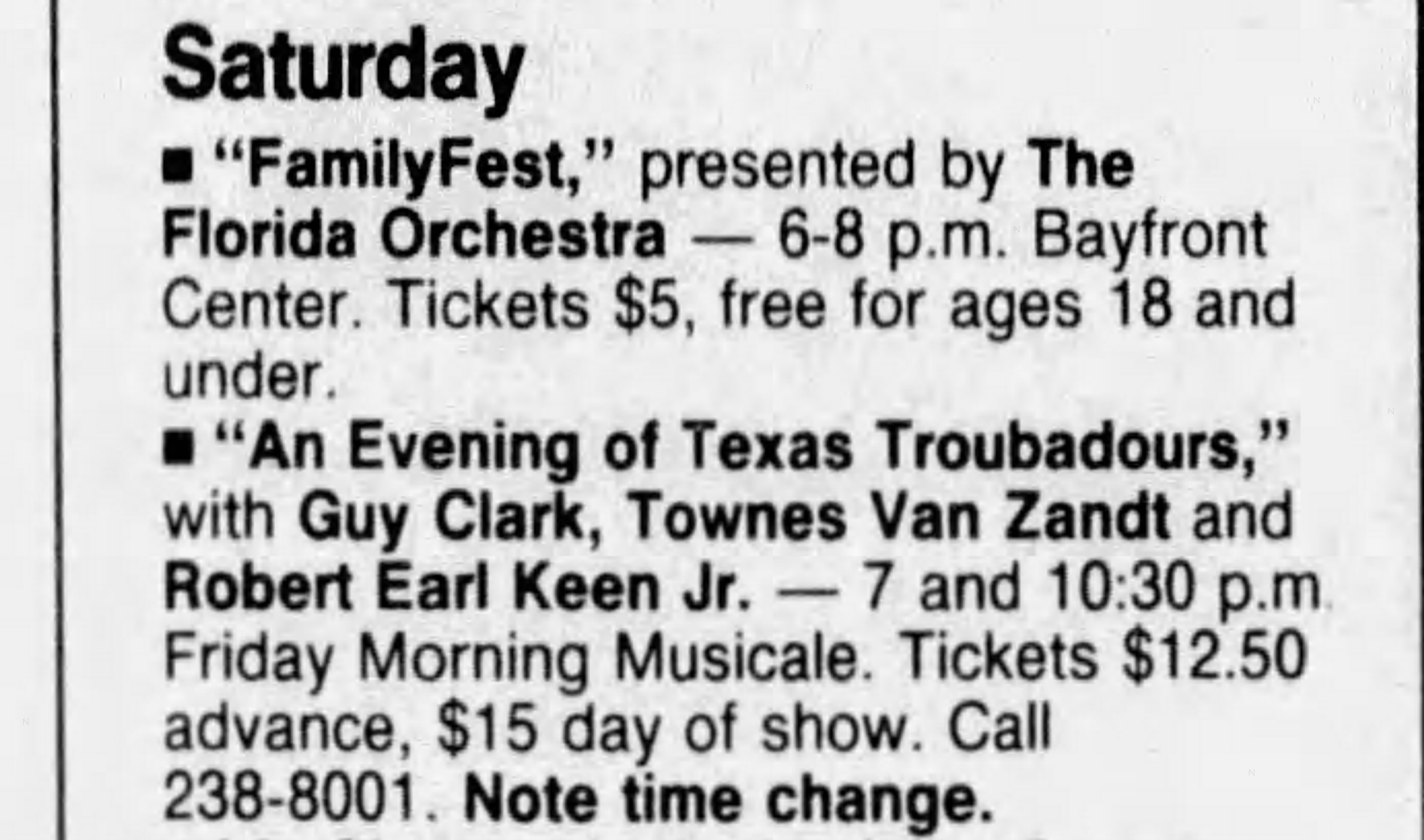 Newspaper concert listing for “An Evening of Texas Troubadours” with Guy Clark, Townes Van Zandt and Robert Earl Keen Jr.; two advertised shows at 7 and 10:30 p.m., with advance/day-of-show prices.