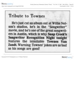 1983-12-13  A Tribute to Townes songwriter recognition night at the Soap Creek Saloon-Austin-TX