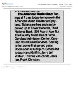 1993-02-17  tapings for American Music Shop at the American Music Theater at Opryland
