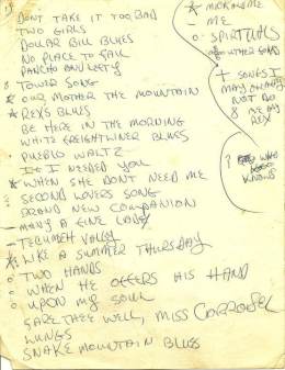 19xx-xx-xx -Townes handwritten setlist sended by Peter J.OBrien of Wallington-England on the back of a Richard Dobson Poster