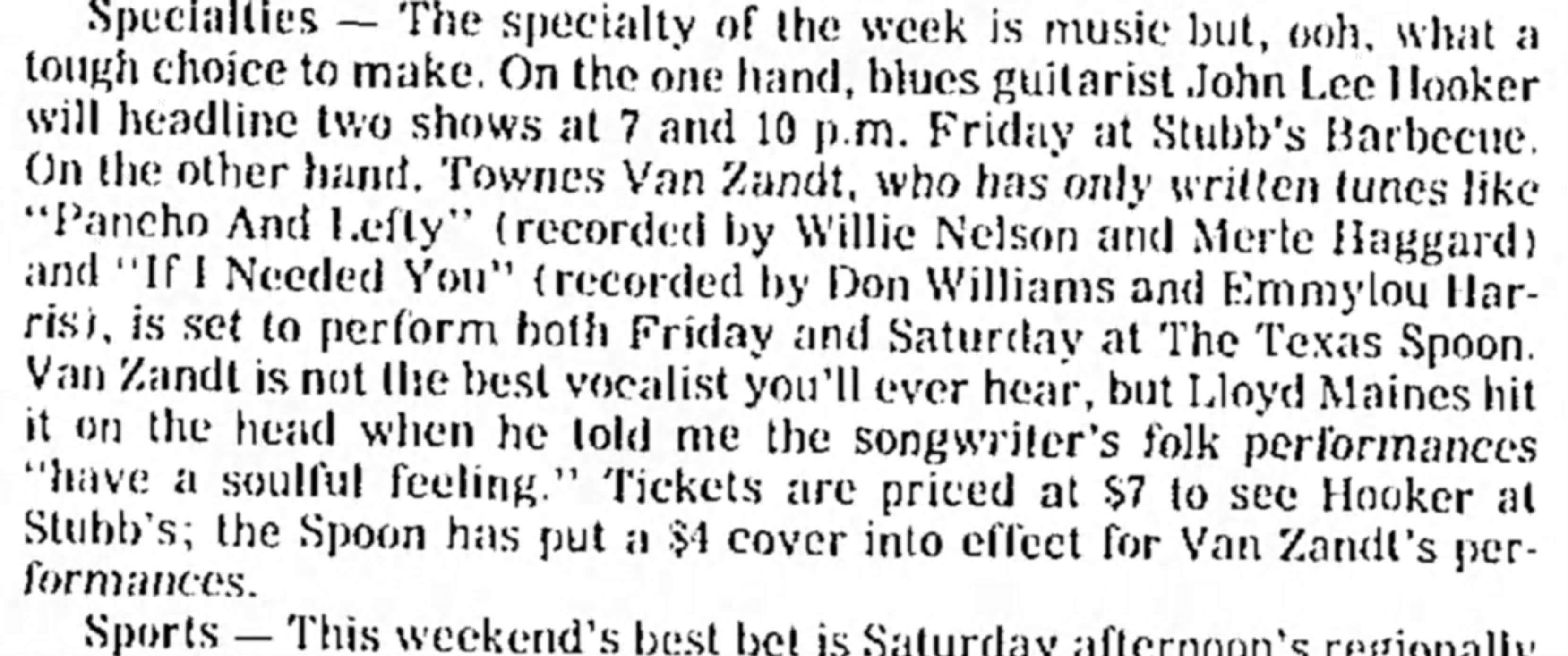 Townes Van Zandt Concert Appearances and Timeline